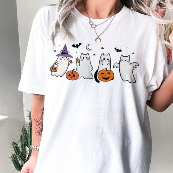 Other - Ghost Cat T-Shirt, Funny Halloween T-shirt Cat Lover Shirt Ghost T-shirt